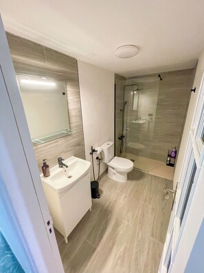 Regadera, secadora de cabello, toallas, jabón 