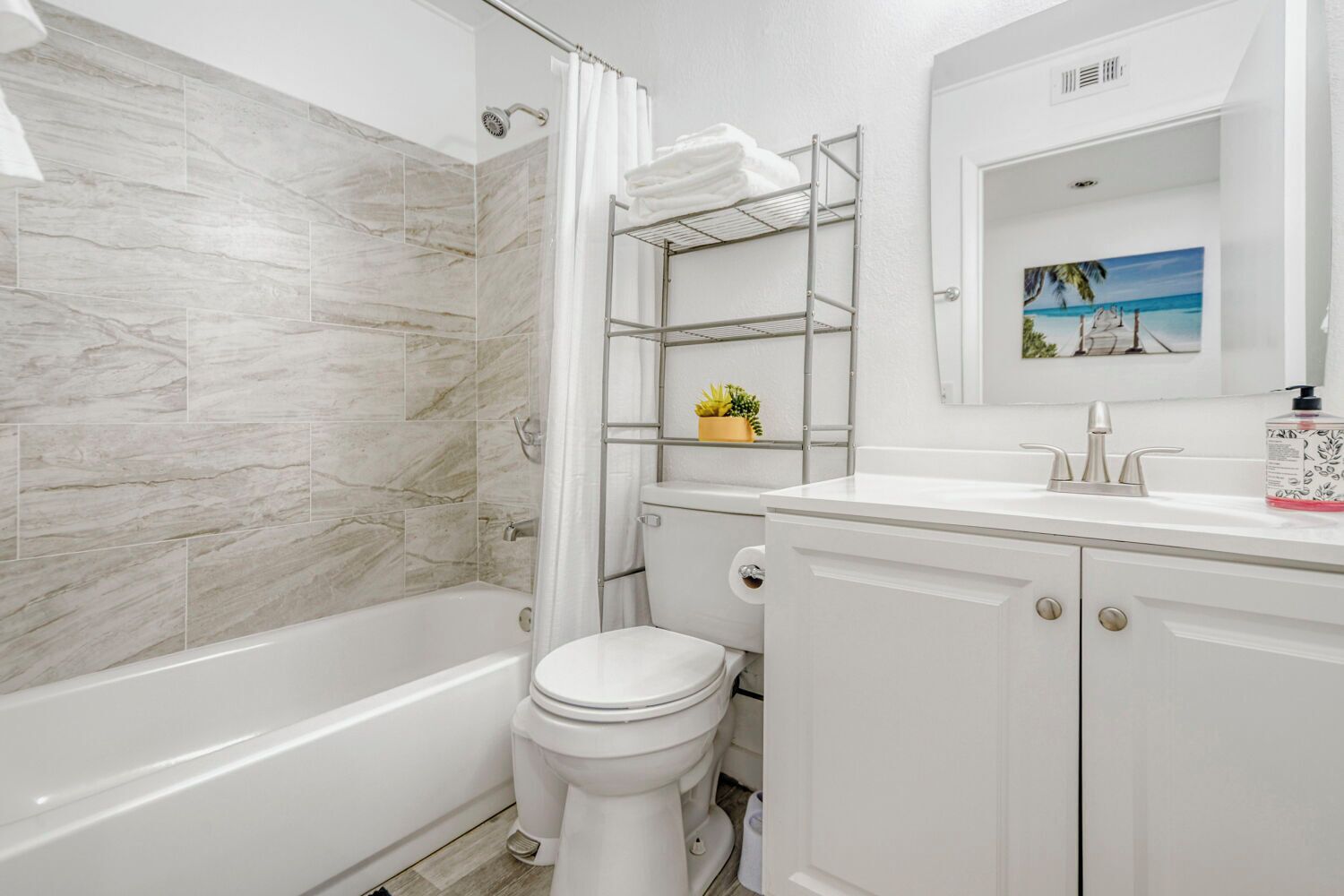 Hair dryer, towels, soap, shampoo