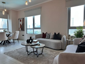 Apartment, Balcony, City View | Living area - Durrani Homes – Minimal Luxe 3BR with Burj Khalifa and Fountain View (third room without partition) (Dubai)
