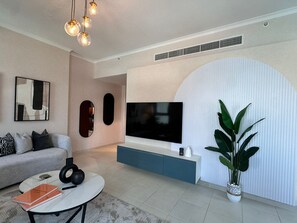 Apartment, Balcony, City View | Television - Durrani Homes – Minimal Luxe 3BR with Burj Khalifa and Fountain View (third room without partition) (Dubai)