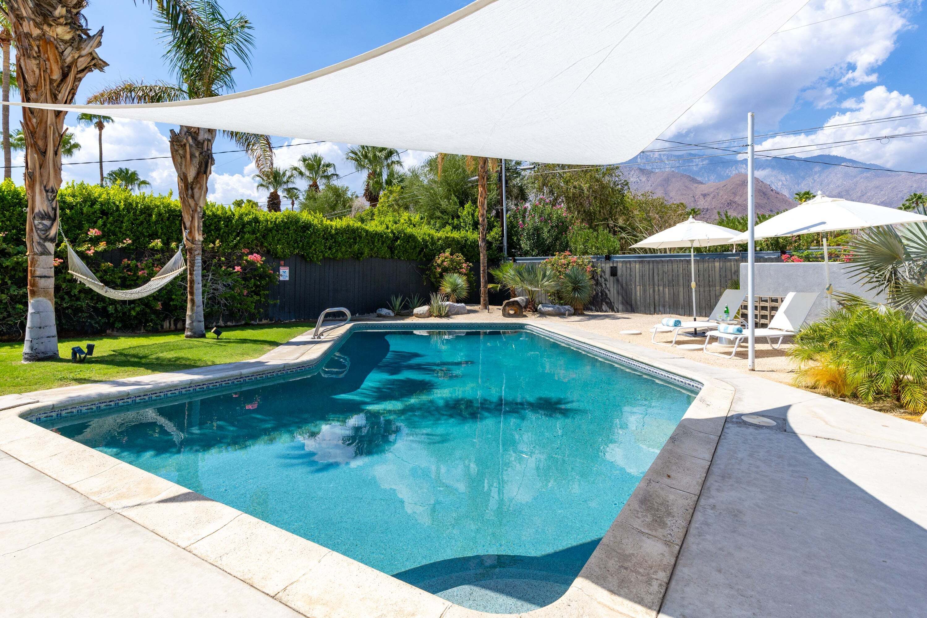 A swimming pool with a white canopy, surrounded by palm trees and a wooden fence.