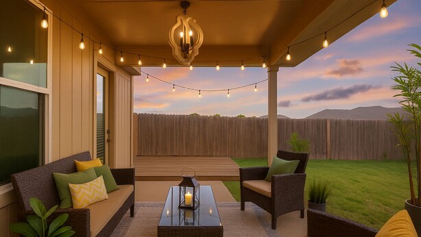 A covered patio with wicker furniture, a glass coffee table, string lights, and a view of a grassy yard and mountains. - Kitchen Foosball Fenced Yard Parking (Kyle)