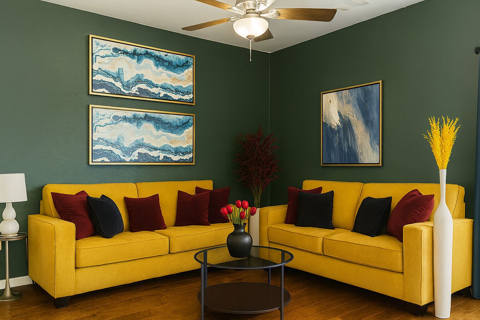 A living room with a yellow sofa, two paintings, a vase with flowers, and a ceiling fan.