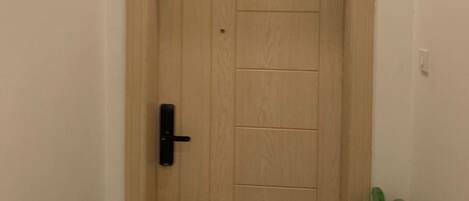 A wooden door with a black handle and a number '3' above it.