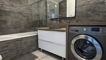 Hair dryer, towels, soap, toilet paper