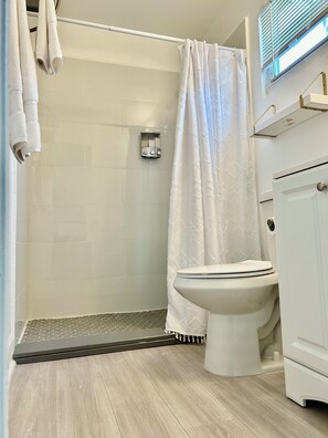 Shower, hair dryer, towels, soap