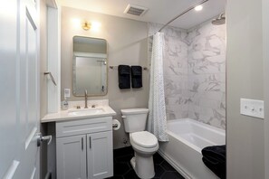Hair dryer, towels, toilet paper