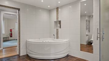 Shower, hair dryer, towels, toilet paper