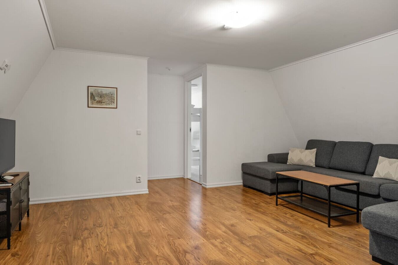 A living room with a grey sofa, a wooden coffee table, and a television on a stand.