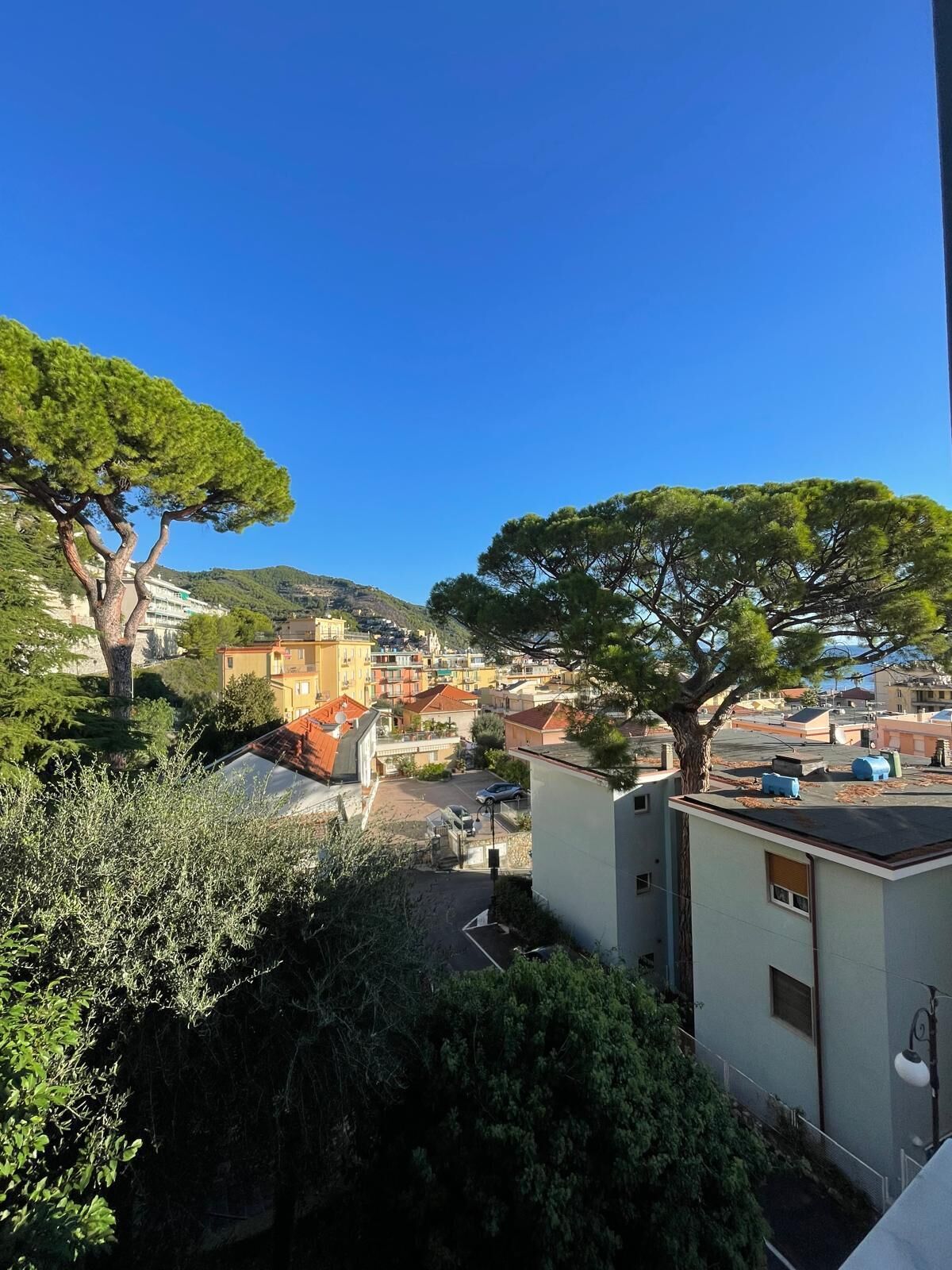A residential area with a view of a town, including buildings and trees.