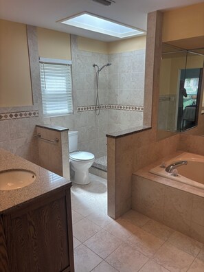 Bidet, towels, soap, toilet paper