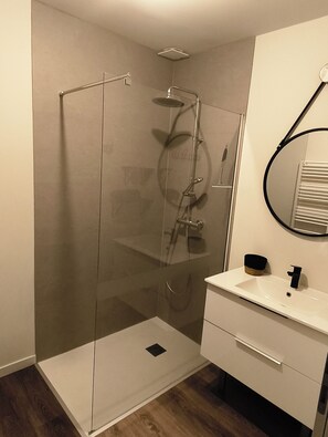 Shower, hair dryer, toilet paper
