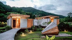 A modern house with a wooden deck and a garden.