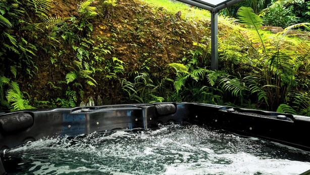 A hot tub surrounded by lush greenery and a glass ceiling. - Villa Angerville, spacious villa that can accommodate up to 24 people (Le Moule)