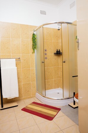 Shower, towels, soap, shampoo