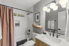 Hair dryer, towels, soap, shampoo
