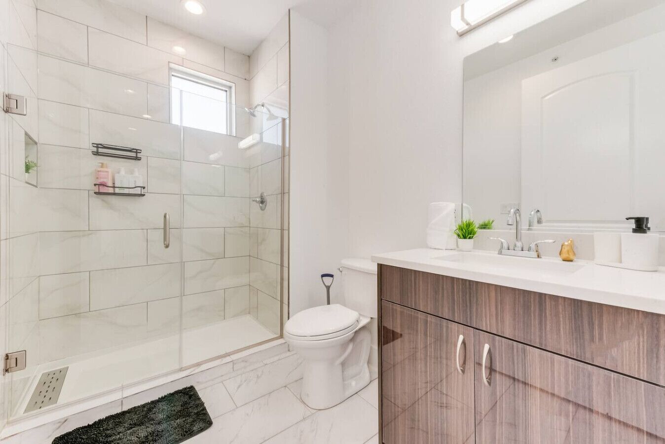 A modern bathroom with a glass shower enclosure, a toilet, and a vanity with a mirror.