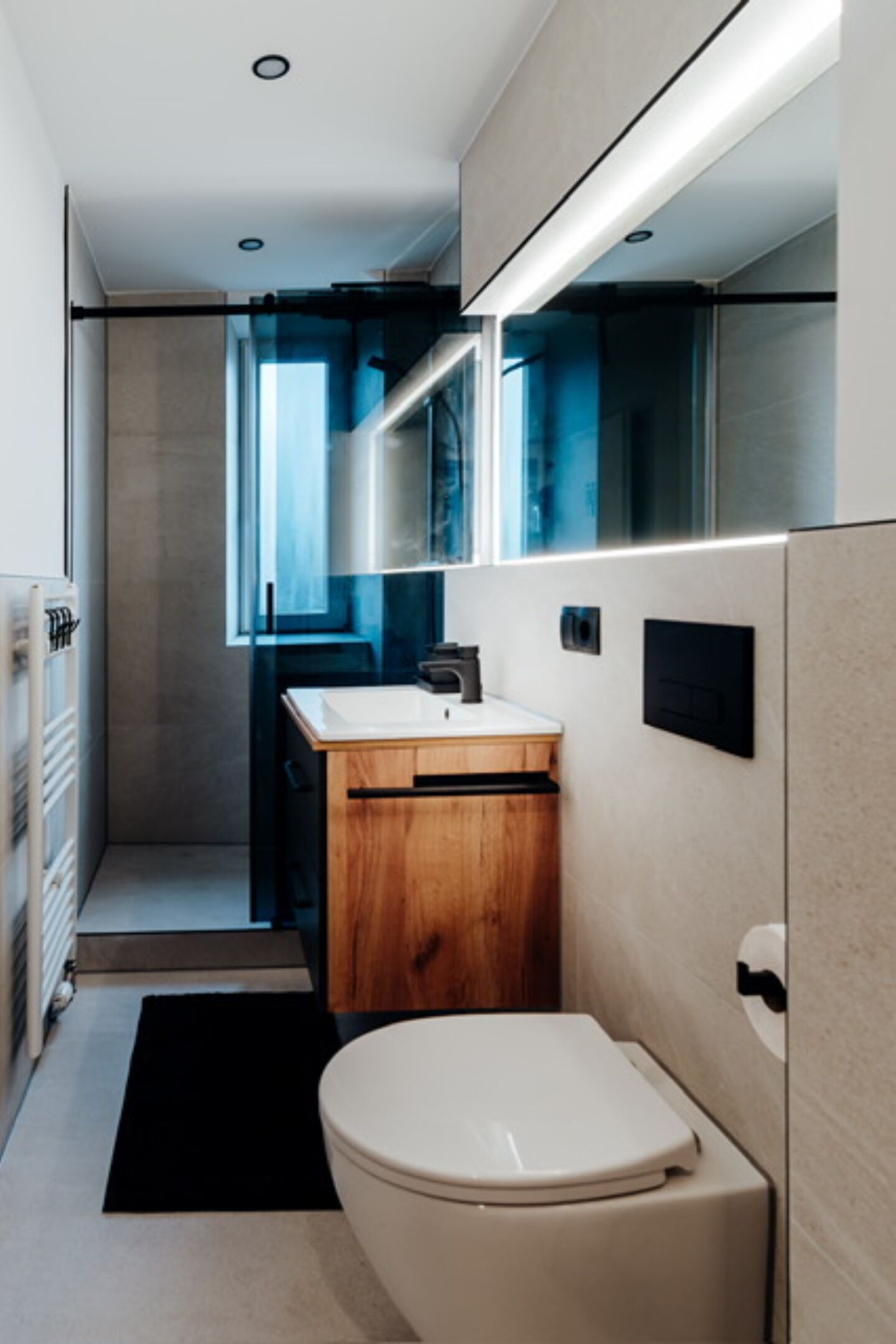 Shower, towels, soap, toilet paper