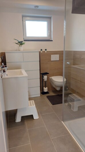 Hair dryer, towels, soap, toilet paper