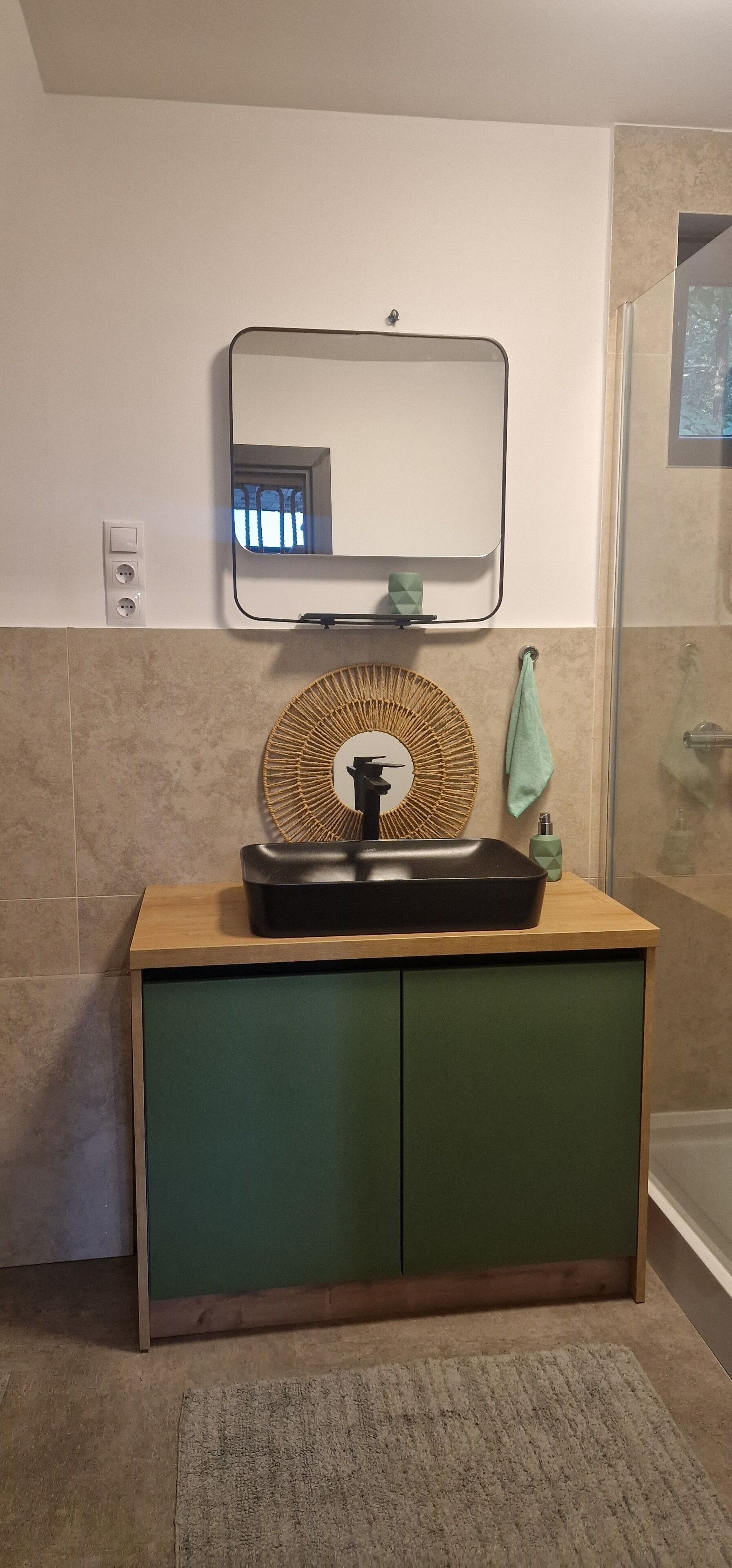 Hair dryer, towels, soap, toilet paper