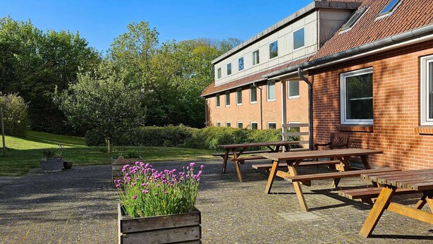 A building with multiple windows and a brick facade, outdoor wooden picnic tables, and a planter with purple flowers. - 2 Person Holiday Park Home in Lemvig (Lemvig)