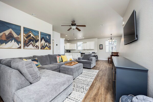 Smart TV, fireplace, books