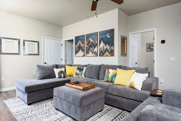 Smart TV, fireplace, books