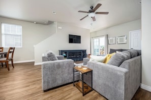 Smart TV, fireplace, books