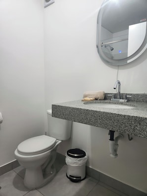 Shower, towels, soap, toilet paper