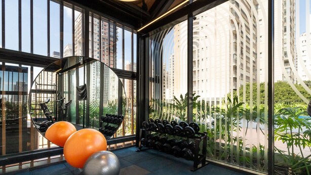 A gym with exercise equipment and dumbbells, large windows with a view of tall buildings and greenery.