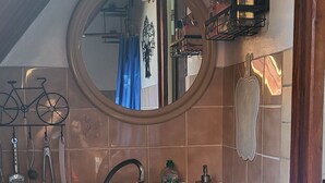 A kitchen with a sink, a mirror, and a bicycle rack. - Studio proche du centre de Colmar avec jardin privatif (Colmar)