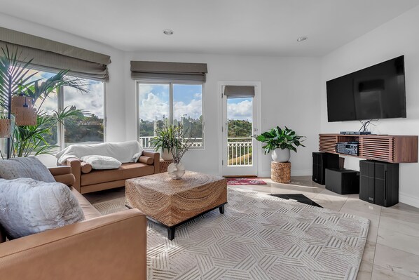 Smart TV, fireplace, books, stereo
