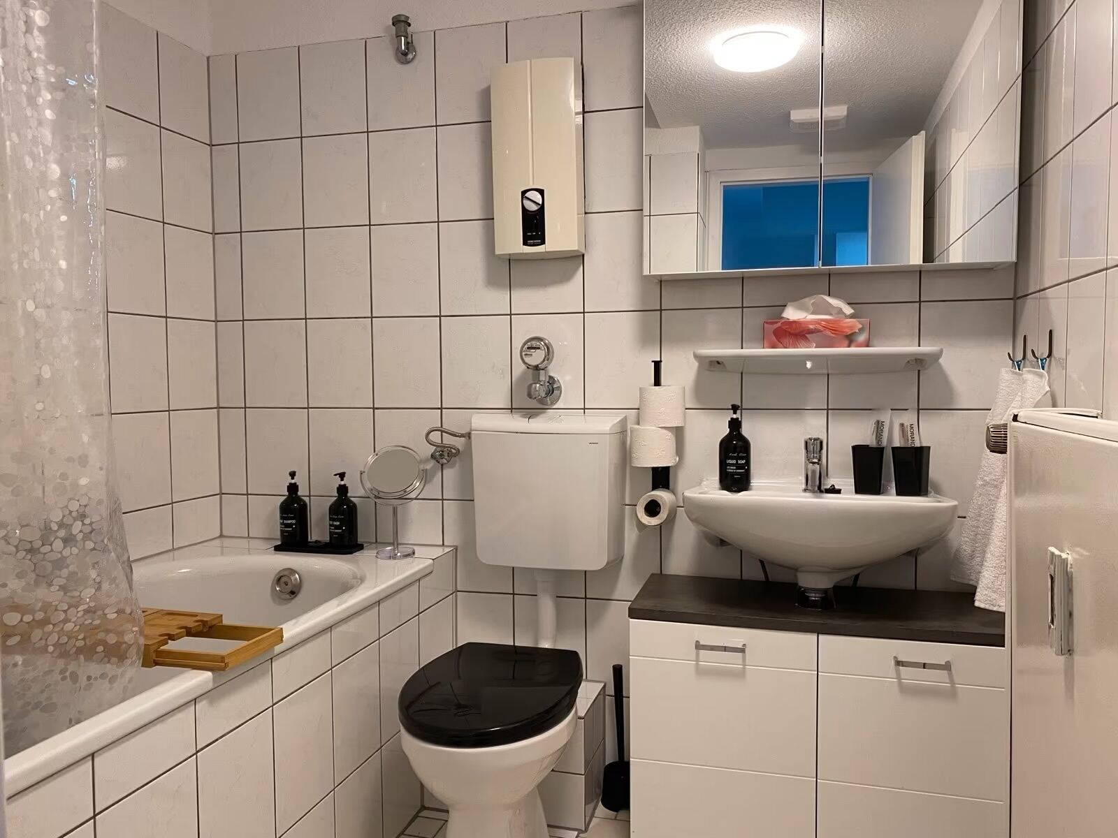 Hair dryer, towels, soap, toilet paper