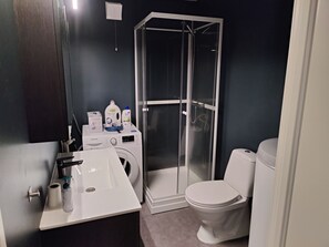 Dusche, Haartrockner, HandtĂŒcher, Seife