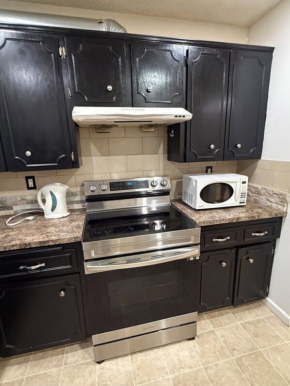 Fridge, microwave, stovetop, electric kettle