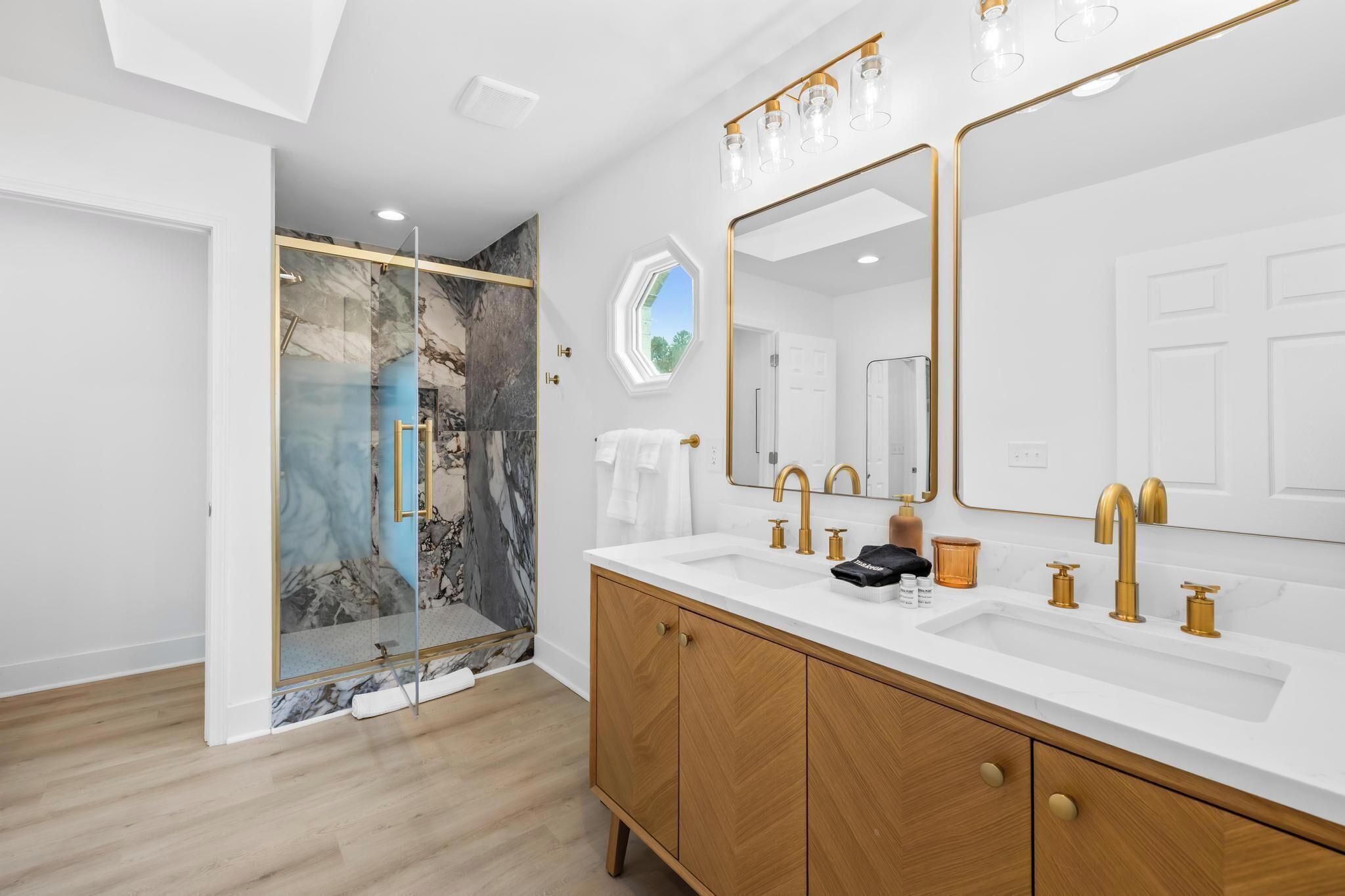 Shower, towels, soap, shampoo