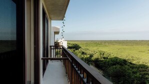 A balcony with a view of a green landscape.