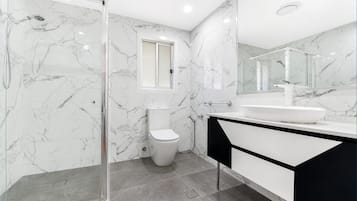 Hair dryer, towels, soap, toilet paper