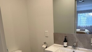A modern bathroom with a toilet, sink, and mirror. - Comfort stay Christchurch (Christchurch)