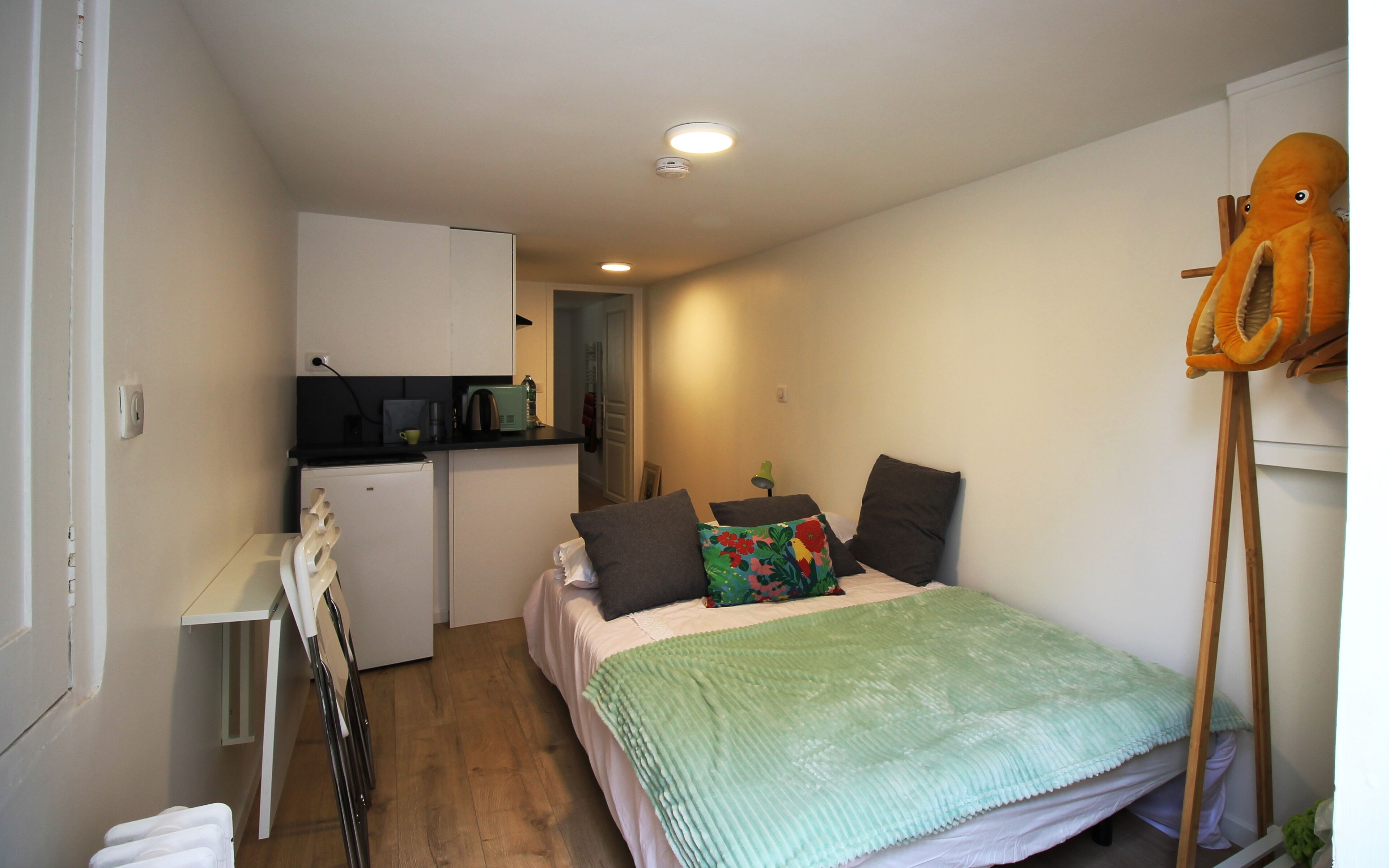 A compact room with a bed, a small kitchenette, and a wooden ladder.
