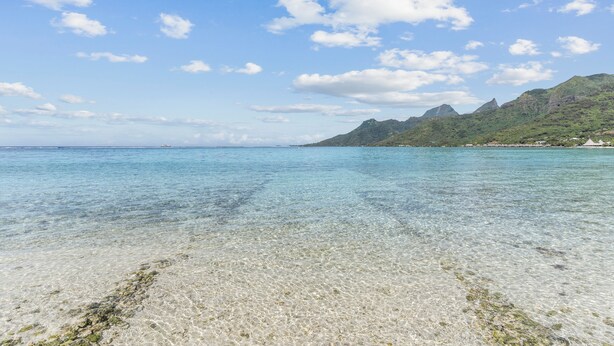 Een helder strand met ondiep water, een bergketen in de verte, en een heldere lucht.