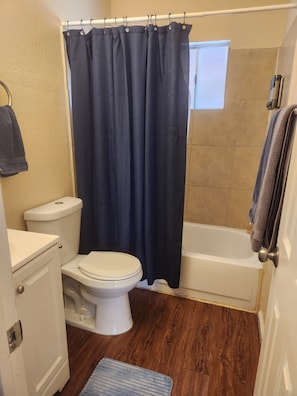 Hair dryer, towels, soap, toilet paper