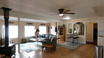 Smart TV, fireplace, DVD player, books