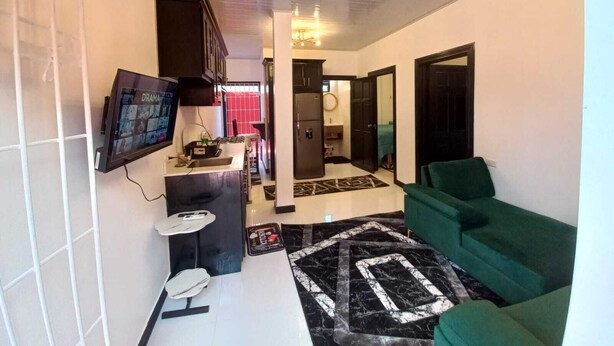 A modern living room with a green sofa, a flat-screen TV mounted on the wall, a kitchen area with a refrigerator and a sink, and a patterned rug on the floor. - Soothing 2-bedroom apartment with AC (GEORGETOWN)