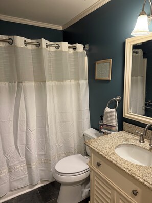 Hair dryer, towels, soap, toilet paper