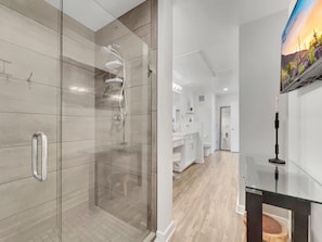 Shower, hair dryer, towels
