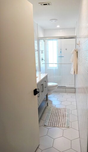 Hair dryer, towels, soap, toilet paper