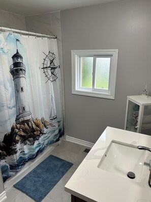 Shower, towels, soap, toilet paper