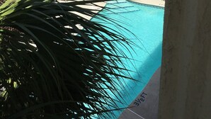 A swimming pool with lounge chairs and a slide, surrounded by palm trees and a green fence. - Penguins on the Beach | 2BR Steps to Beach & Downtown w/pool | Unit 2 (Cocoa Beach)