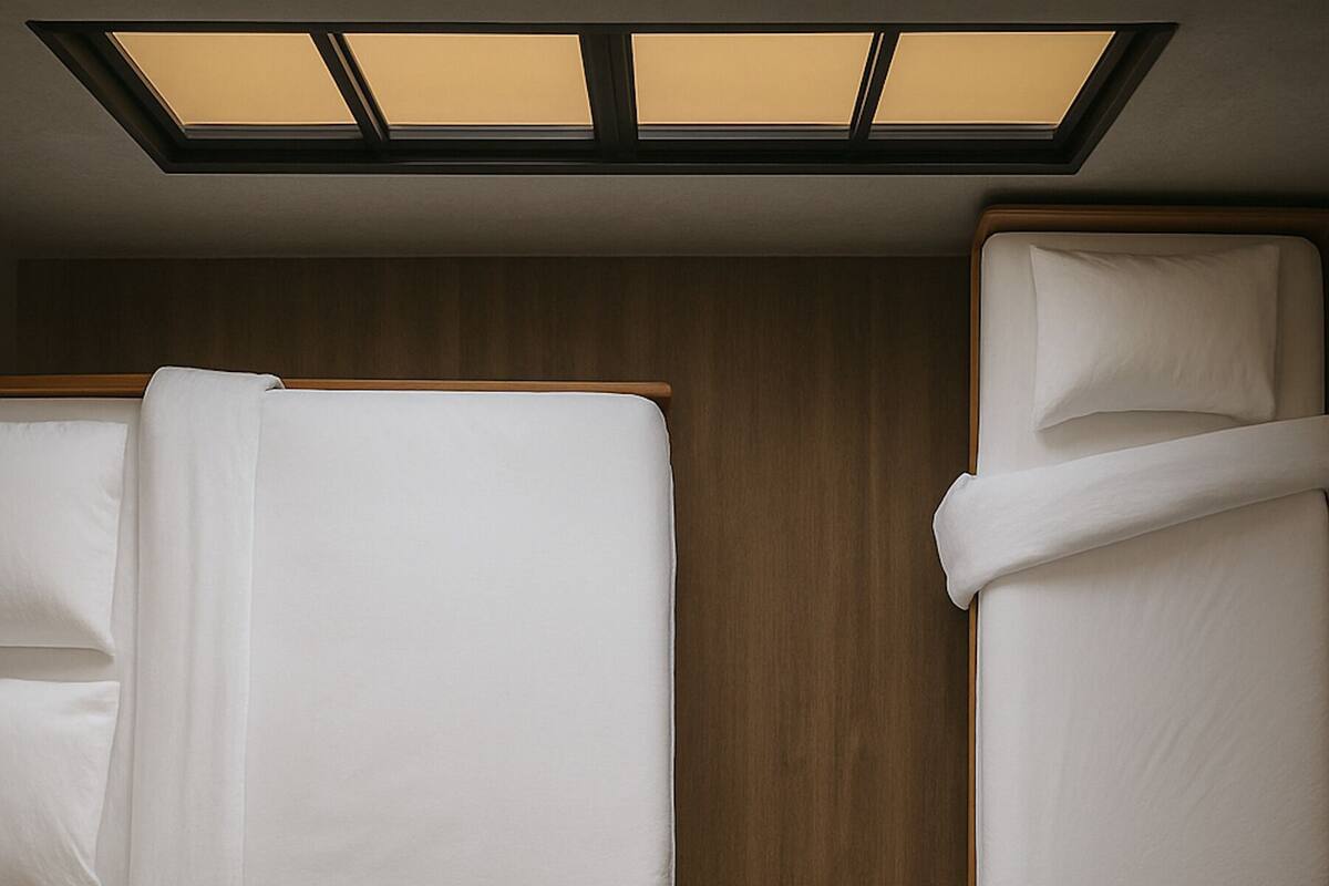A hotel room with two beds, wooden walls, and a ceiling light fixture.